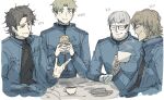  4boys armored_core armored_core_6 blonde_hair brown_eyes brown_hair closed_eyes coffee coffee_cup commentary_request cup disposable_cup eating glasses grey_hair kankan33333 male_focus multiple_boys oekaki shirt simple_background uniform v.iii_o&#039;keeffe v.iv_rusty v.v_hawkins v.viii_pater white_shirt 