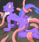  akari all_fours anal anal_penetration anthro blue_eyes cheek_tuft facial_tuft fur hi_res horn inner_ear_fluff looking_back male oral oral_penetration pawpads penetration purple_body purple_fur restrained sex simple_background solo tail tail_tuft tentacle_sex tentacles tuft unknown_species 