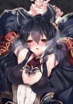  1girl 218 animal_ears armpits arms_up black_hair blush breasts character_request cleavage dress granblue_fantasy highres open_clothes open_robe parted_lips photoshop_(medium) red_eyes robe solo steaming_body wide_sleeves 