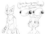  anthro canid canine disney duo exercise female fox gym_clothing humor jack_savage jonsthaman lagomorph leporid male male/female mammal rabbit silly simple_background sketch skye_(zootopia) smug weightlifting white_background workout zootopia 