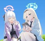  ak-12_(girls&#039;_frontline) alternate_costume an-94_(girls&#039;_frontline) animal aqua_eyes blonde_hair blue_archive blue_eyes blue_sky braid closed_eyes crossover dog french_braid girls&#039;_frontline grey_hair halo highres holding holding_animal holding_dog jacket long_hair necktie puppy samsam_s2s school_uniform sky smile thighhighs 