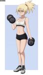  1girl absurdres black_shorts bleach blonde_hair blush breasts closed_mouth collarbone dumbbell fang freckles full_body gym_shorts highres mistowing navel ponytail sarugaki_hiyori short_hair shorts simple_background small_breasts solo sports_bra white_sports_bra yellow_eyes 