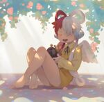  1girl absurdres barefoot behind-the-head_headphones black_ribbon blush closed_eyes den_den_mushi dress hair_over_one_eye hair_rings headphones highres holding light_rays long_hair mismatched_wings multicolored_hair on_floor one_eye_covered one_piece open_mouth plant red_hair ribbon seamonsterping sitting smile solo split-color_hair two-tone_hair uta_(one_piece) white_hair yellow_dress 