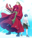  1boy 1girl back blue_hair closed_mouth earrings full_body green_hair highres holding holding_sword holding_weapon jewelry katana kuina one_eye_closed one_piece one_piece_film:_z roronoa_zoro scar scar_across_eye shironegi_zzz short_hair single_earring sword weapon 