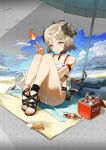  1girl :p absurdres animal arknights bare_shoulders beach bikini black_footwear blanket blue_sky brown_hair closed_mouth cloud coca-cola commentary_request cooler crab day fire glass_bottle hair_bun hand_up highres horns ifrit_(arknights) infinity_symbol jiang_(eaerser) knees_up orange_eyes outdoors parted_bangs sand sandals seashell see-through shell sitting sky smile solo swimsuit tongue tongue_out water white_bikini 