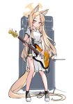  1girl absurdres alternate_costume animal_ear_fluff animal_ears bass_guitar black_skirt blonde_hair blue_archive casual collarbone commentary_request dress forehead fox_ears fox_girl fox_tail full_body halo highres holding holding_instrument instrument kenma_pro long_hair music orange_eyes parted_bangs pelvic_curtain playing_instrument pleated_skirt seia_(blue_archive) shoes short_sleeves side_slit sidelocks simple_background skirt sneakers solo standing tail white_dress 