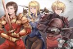  1girl 2boys agrias_oaks armor bad_anatomy blonde_hair blue_eyes body_armor braid breastplate breasts brown_eyes brown_hair cleavage dated delita_heiral final_fantasy final_fantasy_tactics gauntlets gloves highres holding holding_weapon hyakuza_alter knight multiple_boys ramza_beoulve shoulder_armor signature sword weapon yellow_eyes 
