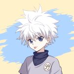  1boy :p blue_background blue_eyes brown_background closed_mouth grey_jacket hair_between_eyes highres hunter_x_hunter jacket killua_zoldyck layered_sleeves long_sleeves looking_at_viewer male_focus que_meng_meng short_over_long_sleeves short_sleeves smile solo tongue tongue_out two-tone_background upper_body v-shaped_eyebrows white_hair 