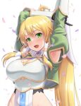  1girl armor armpit_cutout armpits blonde_hair breastplate breasts clothing_cutout covered_navel duplicate gloves green_eyes hair_between_eyes highres kawase_seiki large_breasts leafa leafa_(terraria) light_blush long_hair looking_at_viewer open_mouth pixel-perfect_duplicate presenting_armpit shoulder_cutout solo sword_art_online sword_art_online:_alicization sword_art_online:_alicization_-_war_of_underworld upper_body very_long_hair 