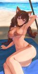  1girl absurdres animal_ears arm_behind_head arm_support arm_up armpits ass bare_arms bare_legs bare_shoulders beach beach_towel bikini breasts brown_hair closed_mouth collar commission day feet_out_of_frame hair_between_eyes head_tilt highres horizon large_breasts legs_together light_blush long_hair looking_at_viewer low_twintails lying navel ocean omeletricetaro3 on_ground on_side orange_bikini original outdoors parasol purple_eyes red_collar shade side-tie_bikini_bottom smile solo stomach string_bikini striped striped_bikini swimsuit towel twintails umbrella 