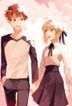  1boy 1girl absurdres ahoge artoria_pendragon_(fate) blonde_hair blue_bow blue_skirt bow braid collarbone couple dappled_sunlight emiya_shirou fate/stay_night fate_(series) french_braid green_eyes hair_bow hand_in_pocket highres holding_hands open_mouth raglan_sleeves red_hair saber skirt sunlight yuu_(pixiv3042074) 