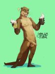  alcohol anthro balls beer beverage black_nose brown_body brown_eyes brown_fur flaccid fur genitals green_background hi_res looking_at_viewer male mammal mike_(rudderbutts) mustelid navel nipples nude one_eye_closed otter penis river_otter rudderbutts simple_background skrawl smile solo tail teeth whiskers 