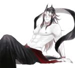  1boy abs black_hair black_nails black_pants black_scarf bracelet commentary facial_mark fingernails forehead_mark highres horns jewelry limited_palette long_hair male_focus multicolored_hair navel nijisanji nijisanji_en oni_horns pants pectorals pointy_ears ponytail red_hair scarf sharp_fingernails sidelocks sitting smile solo streaked_hair toned toned_male topless_male twitter_username two-tone_hair vox_akuma yellow_eyes yui930 