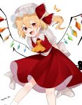  1girl :d arms_behind_back ascot blonde_hair crystal fang fangs feet_out_of_frame flandre_scarlet hair_between_eyes hat highres holding holding_weapon laevatein_(touhou) leaning_forward legs_apart looking_at_viewer majime_joe mob_cap one_side_up open_mouth red_eyes red_skirt red_vest short_hair_with_long_locks simple_background skin_fang skin_fangs skirt skirt_set smile solo standing touhou vest weapon white_background wings yellow_ascot 