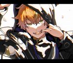  1boy black_jacket black_shirt blonde_hair fangs green_eyes highres hood hood_up hooded_jacket hoshi-toge jacket kono_matsuri_ni_yuuyami_iro_mo_(project_sekai) long_sleeves looking_at_viewer male_focus mouth_pull multicolored_hair orange_hair project_sekai shinonome_akito shirt solo streaked_hair upper_body white_background 