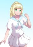  1girl blonde_hair blue_background braid cowboy_shot french_braid gradient_background green_eyes haryudanto high_ponytail hooded_shirt lillie_(pokemon) long_hair miniskirt pleated_skirt pokemon pokemon_(game) pokemon_sm shirt short_sleeves skirt solo white_shirt white_skirt 