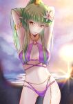  1girl absurdres alternate_costume armpits arms_behind_head arms_up ass_visible_through_thighs bikini bloom blurry blurry_background breasts breasts_apart budgiepon c.c. code_geass commentary cowboy_shot curvy flower green_hair groin hair_between_eyes hair_flower hair_ornament hair_over_breasts head_tilt highres large_breasts light_particles long_hair looking_at_viewer midriff navel parted_lips ponytail purple_bikini sidelocks smile solo standing stomach straight_hair sunset swimsuit v-shaped_eyebrows wet wet_hair white_flower yellow_eyes 