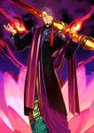  1boy beard duryodhana_(fate) duryodhana_(fate)_(third_ascension) earrings facial_hair fate/grand_order fate_(series) flower jewelry long_hair looking_at_viewer muscular official_art pako_(pakosun) purple_background purple_eyes purple_hair smile staff 