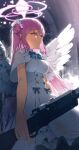  1girl angel_wings blue_archive blue_bow bow breasts capelet closed_mouth crescent dress feathered_wings frilled_ribbon frills gun hair_bun hair_ribbon highres holding holding_weapon kustaru lanchester_smg large_breasts looking_ahead low_wings mika_(blue_archive) pink_hair ribbon single_side_bun smile solo standing submachine_gun weapon white_capelet white_dress white_ribbon white_wings wings yellow_eyes 
