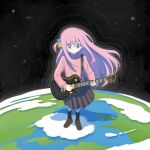  1girl black_socks blue_eyes bocchi_the_rock! brown_footwear closed_mouth commentary_request cube_hair_ornament earth_(planet) full_body garlica gotoh_hitori guitar hair_ornament highres holding holding_instrument instrument jacket long_hair long_sleeves music pink_hair pink_jacket planet playing_instrument pleated_skirt shoes side_ahoge skirt socks solo standing star_(sky) track_jacket 