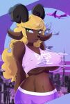  anthro arwa_(radvengence) big_breasts blonde_hair bovid breasts brown_body brown_fur caprine clothed clothing crop_top digital_media_(artwork) female fur goat green_eyes gynomorph_(lore) hair hi_res horizontal_pupils horn japanese_text looking_at_viewer mammal midriff nipple_outline pupils purple_clothing radvengence shirt smile solo spots text topwear under_boob vaporwave 