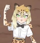  1girl animal_ears belt black_belt black_bow black_bowtie blonde_hair bow bowtie breast_pocket bright_pupils center_frills cosplay derivative_work elbow_gloves frills fur_collar gloves gradient_hair green_eyes hair_ornament highres jaguar_(kemono_friends) jaguar_(kemono_friends)_(cosplay) jaguar_ears jaguar_girl jaguar_print jaguarman_series kemono_friends leaning_to_the_side matangom matangomu-chan medium_hair multicolored_hair open_mouth original parody pocket print_gloves print_skirt raised_fist shirt short_sleeves skirt smile solo upper_body v-shaped_eyebrows white_pupils white_shirt 