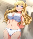  1girl absurdres arms_behind_back blonde_hair bra breasts commentary_request commission double_bun dutch_angle fletcher_(kancolle) hair_bun highres kantai_collection large_breasts locker locker_room long_hair panties pixiv_commission purple_eyes shirt smile solo underwear underwear_only white_bra white_panties zanntetu 
