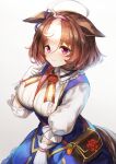  1girl :3 ahoge animal_ears bag between_breasts blue_dress breasts brown_hair closed_mouth collared_shirt commentary dress ears_down gloves hairband highres horse_ears horse_girl horse_tail large_breasts looking_at_viewer meisho_doto_(umamusume) multicolored_hair nihudau puffy_sleeves purple_eyes shirt short_hair shoulder_bag smile solo strap_between_breasts tail two-tone_hair umamusume white_gloves white_shirt 