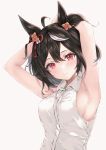  1girl absurdres alternate_costume animal_ears armpits arms_behind_back arms_up black_hair blush breasts closed_mouth collared_shirt commentary hair_ornament hair_ribbon highres horse_ears horse_girl kitasan_black_(umamusume) large_breasts looking_at_viewer multicolored_hair nekur red_eyes red_ribbon ribbon shirt short_hair simple_background sleeveless sleeveless_shirt smile solo streaked_hair two-tone_hair two_side_up umamusume upper_body white_background white_hair white_shirt 