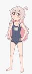  1girl absurdres ahoge bare_arms bare_legs bare_shoulders barefoot blue_one-piece_swimsuit blush brown_eyes collarbone colored_inner_hair commentary covered_navel feet flat_chest full_body grey_hair hair_between_eyes hands_on_own_hips highres long_hair looking_at_viewer multicolored_hair name_tag old_school_swimsuit one-piece_swimsuit onii-chan_wa_oshimai! oyama_mahiro pink_hair school_swimsuit sfm_zhang simple_background solo standing swimsuit toes two-tone_hair very_long_hair white_background 