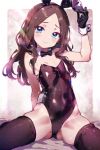  1girl animal_ears ass_visible_through_thighs black_gloves black_leotard black_thighhighs bow bowtie breasts brown_hair covered_navel detached_collar fake_animal_ears fate/grand_order fate_(series) forehead gloves hanagata_kai highleg highleg_leotard leonardo_da_vinci_(fate) leonardo_da_vinci_(rider)_(fate) leotard long_hair looking_at_viewer parted_bangs petite playboy_bunny rabbit_ears rabbit_tail small_breasts solo strapless strapless_leotard tail thighhighs wrist_cuffs 