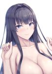  1girl absurdres black_hair blue_eyes blunt_bangs blush breasts cleavage closed_mouth collarbone commentary_request completely_nude highres large_breasts long_hair nude ohguro_mariya original simple_background smile solo upper_body white_background 
