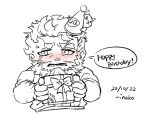  1boy bara beard blush chibi dated english_text eyebrow_cut facial_hair flaming_eye happy_birthday hat hephaestus_(housamo) incoming_gift male_focus mature_male party_hat scar sdz_(inazuma) short_hair solo spot_color thick_eyebrows tokyo_afterschool_summoners 