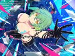  1girl arm_tattoo black_gloves blue_hair breast_tattoo breasts chain cleavage gloves green_hair highres hikage_(senran_kagura) honeycomb_(pattern) honeycomb_background knife large_breasts leather leather_pants medium_hair multicolored_hair official_art pants senran_kagura senran_kagura_new_link solo tattoo yellow_eyes 