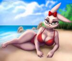  2023 anthro aozee artist_name beach big_breasts bikini bow_(feature) breasts brown_eyes cartoon_network cleavage clothed clothing curvaceous curvy_figure detailed_background digital_drawing_(artwork) digital_media_(artwork) eyelashes eyewear feet female fingers fur glasses hi_res hourglass_figure lagomorph leporid looking_at_viewer lying mammal on_side outside powerpuff_girls powerpuff_girls&#039;_imaginary_friend rabbit red_bikini red_clothing red_swimwear sea seaside skimpy skimpy_bikini smile solo swimwear thick_thighs toes voluptuous water watermark white_body white_fur wide_hips 