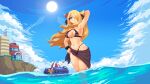  1girl arm_behind_head arm_up armpits artist_name ball bare_shoulders beachball bikini black_bikini blinking blonde_hair blue_sky breasts building cleavage cliff closed_mouth cloud cloudy_sky cocktail cocktail_umbrella cup cynthia_(pokemon) day drinking_glass eyelashes fence floating_hair garchomp grass grey_eyes hair_ornament hair_over_one_eye halterneck hand_on_own_hip highres in_water innertube itzah long_hair looking_at_viewer medium_breasts multi-strapped_bikini_bottom navel o-ring o-ring_bikini o-ring_bottom o-ring_top one_eye_covered outdoors parted_bangs partially_submerged partially_underwater_shot pixel_art pokemon pokemon_(game) pokemon_bw pokemon_center sidelocks sky smile solo standing stomach sun swept_bangs swimsuit very_long_hair volleyball volleyball_(object) wading water wind 