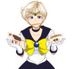  1girl bishoujo_senshi_sailor_moon black_choker black_sailor_collar black_skirt breasts choker chopsticks circlet cleavage commentary_request fire_emblem fire_emblem_engage food gloves hands_up highres holding holding_food merrin_(fire_emblem) mouth_hold sailor_collar sailor_shirt shirt short_sleeves simple_background skirt solo tomojiyo_(toko) upper_body white_background white_gloves white_shirt 