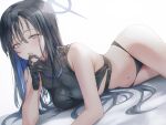  1girl ass black_hair black_panties black_shirt blue_archive blue_hair blue_halo blush breasts colored_inner_hair commentary grey_eyes halo highres long_hair looking_at_viewer medium_breasts moda_(mo_da_3) multicolored_hair navel open_mouth panties saori_(blue_archive) shirt simple_background sleeveless sleeveless_shirt solo underwear white_background 