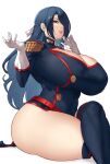  1girl ass aster_crowley azuma_fubuki blue_eyes boots braid breasts cleavage cleavage_cutout clothing_cutout covered_navel covered_nipples crossed_legs epaulettes gloves hair_over_one_eye hair_ribbon highres impossible_clothes large_breasts long_hair looking_at_viewer mato_seihei_no_slave parted_lips ribbon simple_background sitting smile solo thick_thighs thigh_boots thighs white_background 