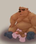  0ottotto0 2023 anthro balls bear belly big_belly black_nose brown_body erection eyes_closed genitals hi_res kemono male mammal moobs nipples overweight overweight_male penis sitting solo_focus 