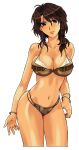  1girl alexina_(mabinogi) bare_shoulders bikini bracelet breasts brown_bikini brown_hair cleavage closed_mouth collarbone cropped_legs fringe_trim hair_intakes jewelry kagehi_no_loo large_breasts long_hair mabinogi red_eyes simple_background solo swimsuit white_background 