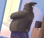  2023 anthro bari_mu belly big_belly bottomwear butt clothing detailed_background hi_res inside kemono lagomorph leporid male mammal overweight overweight_male pants rabbit solo undressing 