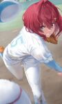  1girl ange_katrina baseball_mitt baseball_uniform blue_eyes hair_intakes highres nijisanji okano_yuuto red_hair short_hair solo sportswear standing standing_on_one_leg sweat virtual_youtuber 