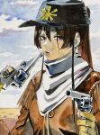  1girl alternate_costume brown_eyes brown_gloves brown_hair cloud cowboy cowboy_western cowgirl_(western) expressionless gloves gun hair_between_eyes highres holding holding_gun holding_weapon jigokuraku looking_at_viewer official_art outdoors painting_(medium) parted_lips ponytail scarf sheriff sky solo traditional_media upper_body watercolor_(medium) weapon white_scarf yamada_asaemon_sagiri yuji_kaku 