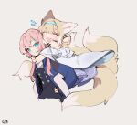  2girls animal_ear_fluff animal_ears aqua_hairband arknights blue_eyes blue_jacket blue_poison_(arknights) carrying commentary dailybloopy fox_ears fox_girl fox_tail grey_background hair_rings hairband jacket kitsune kyuubi long_hair low_twintails multiple_girls multiple_tails open_clothes open_jacket oripathy_lesion_(arknights) piggyback pink_hair simple_background suzuran_(arknights) tail twintails 