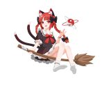  1girl :d \||/ absurdres alternate_costume animal_ears ass black_bow black_dress blunt_bangs blush bobby_socks bow bowtie bracelet braid broom broom_riding cat_ears cat_tail dress fang flat_chest floating_hair frilled_shirt_collar frills full_body hair_bow hair_ribbon highres jewelry kaenbyou_lin kaenbyou_rin long_hair looking_at_viewer multiple_tails nekomata open_mouth orb pink_nails puffy_short_sleeves puffy_sleeves red_bow red_bowtie red_eyes red_hair ribbon short_sleeves simple_background slit_pupils smile socks solo tail touhou tress_ribbon twin_braids two_tails upskirt very_long_hair white_background white_socks yin_yang yin_yang_orb 