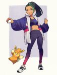  1girl absurdres alternate_costume black_hair clenched_hand closed_mouth commentary_request eyelashes freckles full_body green_hair highres holding holding_poke_ball jacket leggings midriff multicolored_hair navel nemona_(pokemon) nori_(hgdm2784) open_clothes open_jacket orange_eyes pawmot poke_ball poke_ball_(basic) pokemon pokemon_(creature) pokemon_(game) pokemon_sv ponytail shoes smile sneakers split_mouth sports_bra standing two-tone_hair white_footwear 