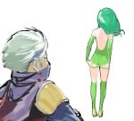  1boy 1girl aged_up ass detached_sleeves edward_geraldine final_fantasy final_fantasy_iv final_fantasy_iv:_the_after_years green_hair green_leotard green_thighhighs leotard long_hair mak_neutral mask mouth_mask rydia_(ff4) simple_background thighhighs white_background 