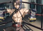  1boy bishounen black_hair boxing_ring cowboy_shot genshin_impact highres male_focus ngkhyn scar shorts sitting solo sticker toned toned_male topless_male wriothesley_(genshin_impact) 