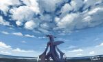  animal_focus artist_name blue_skin blue_sky claws cloud cloudy_sky colored_skin fins from_behind garchomp head_fins highres horizon mokuzou_(moku_ssbu) no_humans pokemon pokemon_(creature) sky solo spikes tail water 